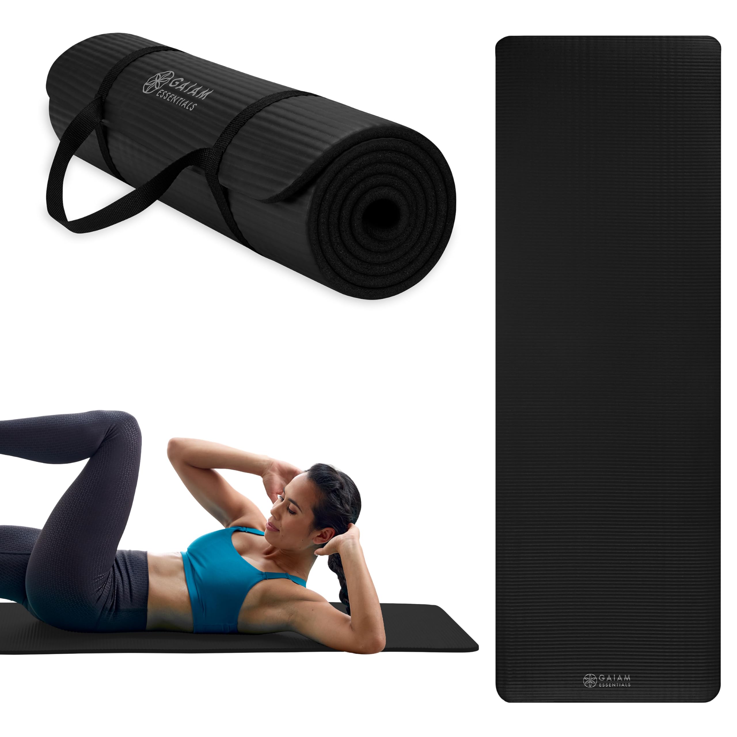 gaiam-essentials-tapis-de-yoga-extra-pais-182-9-x-61-cm-12-mm-noir-sangle image 2
